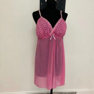 Y2K Cacique Sheer Ruffle Trim Bow Front Baby Doll Sleep Dress Size 18/20 Pink